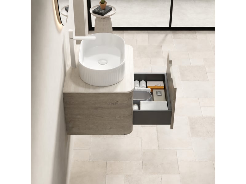  Meuble vasque suspendu 60 cm avec vasque ovale blanche en céramique et plan effet travertin  - Conforama D