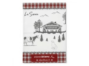 Torchon de cuisine alpage rouge et gris 50x70 cm - 100% coton - dessin montagne esprit savoie - lavable en machine
