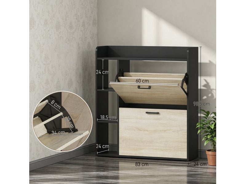  Meuble à chaussures tcqpz 83 x 24 x 90,5 cm 2 abattants 15 paires noir effet bois naturel  - Conforama C