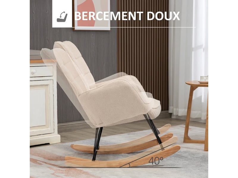  Fauteuil à bascule beige en tissu bouclette avec base en bois de hêtre 71x98x101 cm  - Conforama R