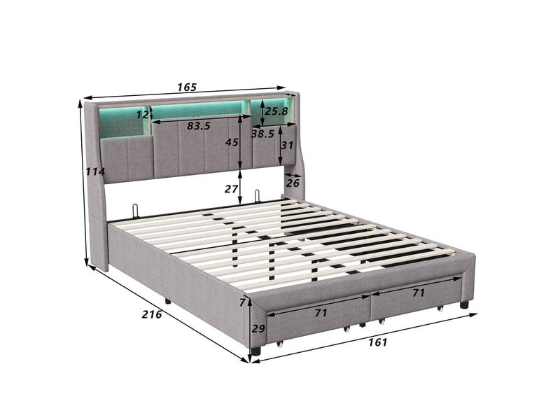  Lit 160x200 avec 2 tiroirs, lit double capitonné avec éclairage led, lit adulte avec 2 prises et 2 usb, tête de lit avec rangement et poches latérales, tissue lin, style scandinave(160x200cm, gris)  - Conforama E