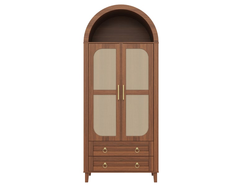  Armoire 2 portes, niche arrondie avec led contrôlée par application, penderie, 2 tiroirs, décor cannage, noyer  - Conforama D
