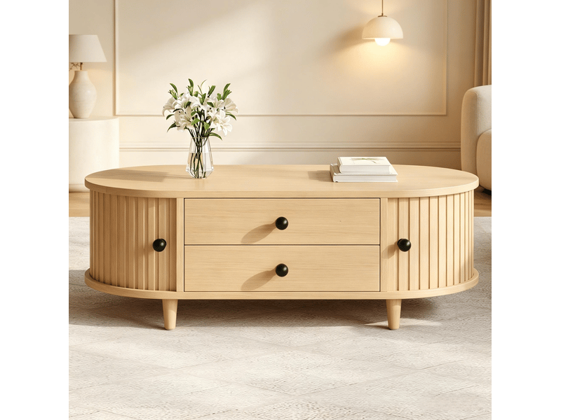  Table basse avec rangement – 2 tiroirs et portes à rideau – mdf effet bois clair – 100 x 50 x 36 cm  - Conforama C
