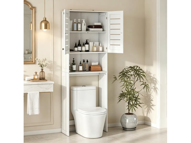  Meuble de rangement au-dessus des toilettes et lave-linge 67x31,5x190 cm portes doubles à lames mdf blanc  - Conforama B