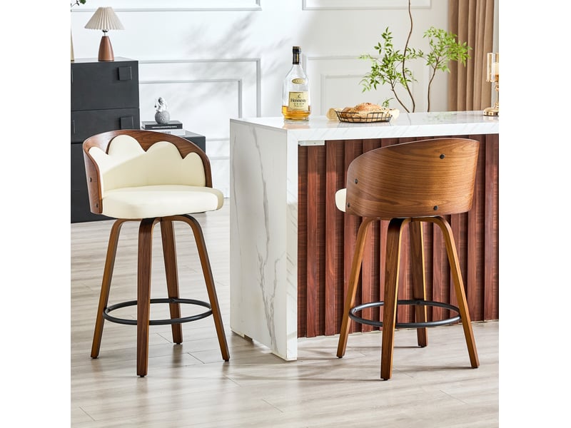  Lot de 2 tabourets de bar, tabouret de bar dossier fleur, bois courbé, assise pu, moderne, repose-pieds métal, blanc  - Conforama D