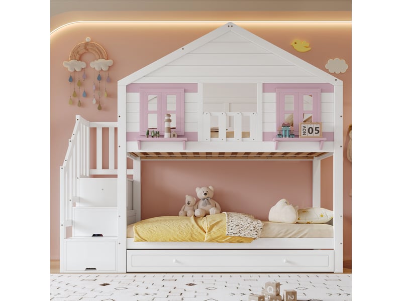  Lit superposé 90x200 cm, lit cabane avec sommier à lattes, cadre de lit adulte en pin, lit adulte, blanc + rose, lit 1 personne  - Conforama A