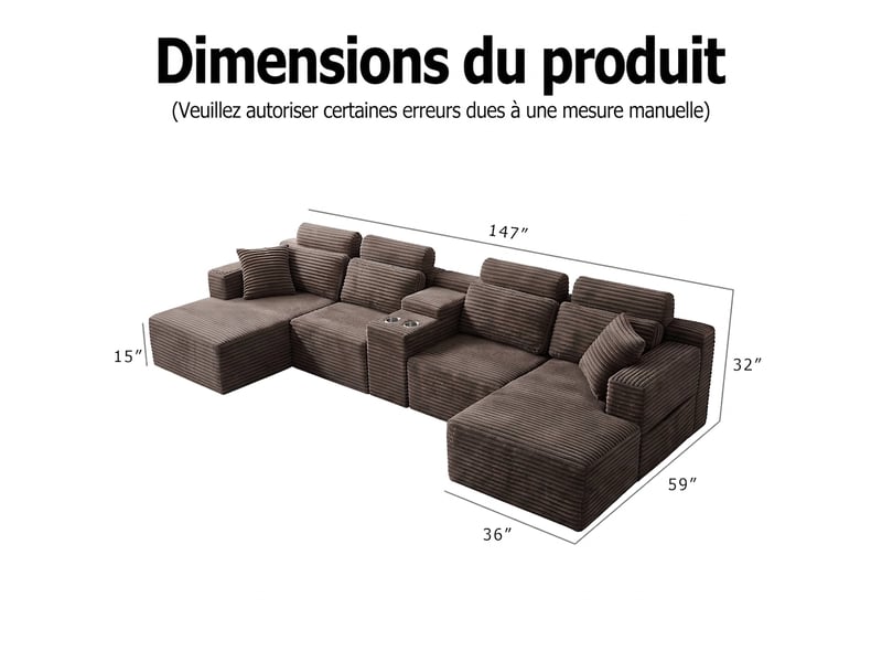 Grand canapé 6 places d'angle en u modulable velours côtelé kaki avec porte-gobelets - Conforama C