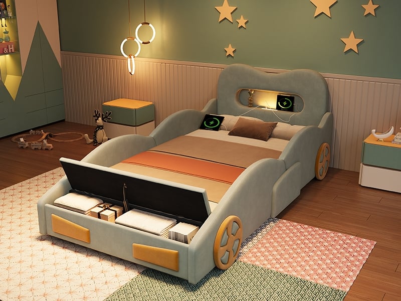 Lit enfant 90x200 voiture vert, tissu effet flanelle, rembourré, liseuse, port de charge, coffre au pied, roues - Conforama B