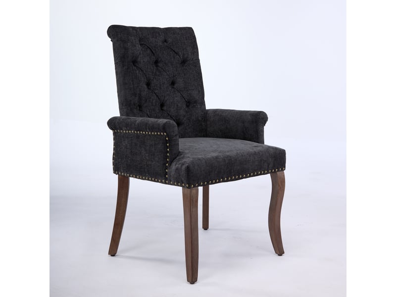  Chaise de salle à manger en chenille gris anthracite avec accoudoirs, dossier haut capitonné, pieds courbés en bois massif, style classique  - Conforama C