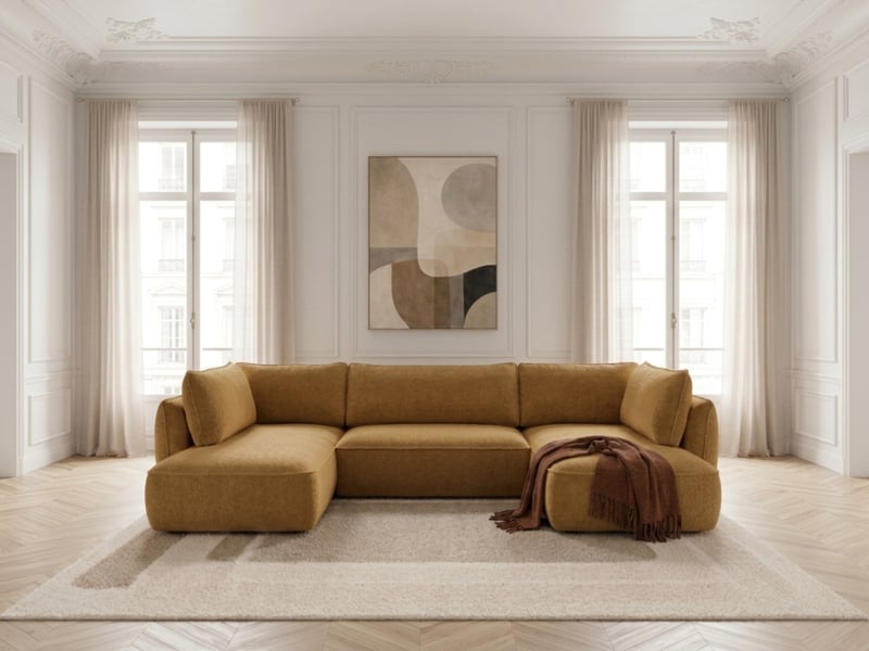  Bobochic canapé d'angle panoramique convertible esmee tissu chenille jaune  angle droit ESMEE - Conforama C