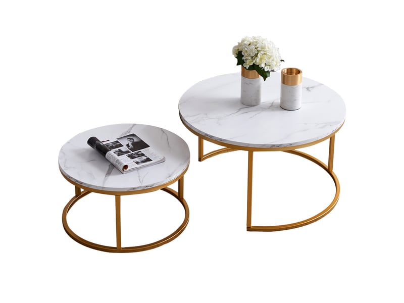  Table basse ronde – set de deux  – bois cadre doré – plateau effet marbre – 80+60 cm  - Conforama A