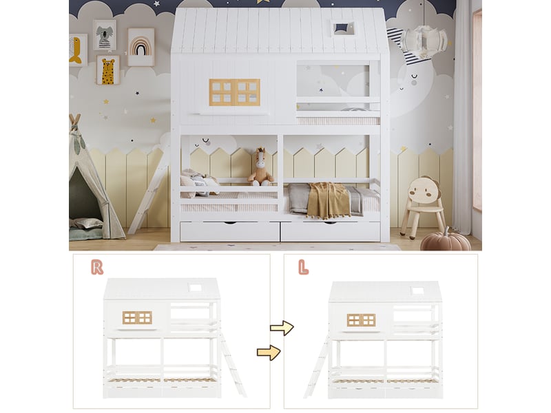  Lit superposé enfant avec toit et fenêtre, deux grands tiroirs, échelle stable, 90x200cm, blanc et naturel  - Conforama D