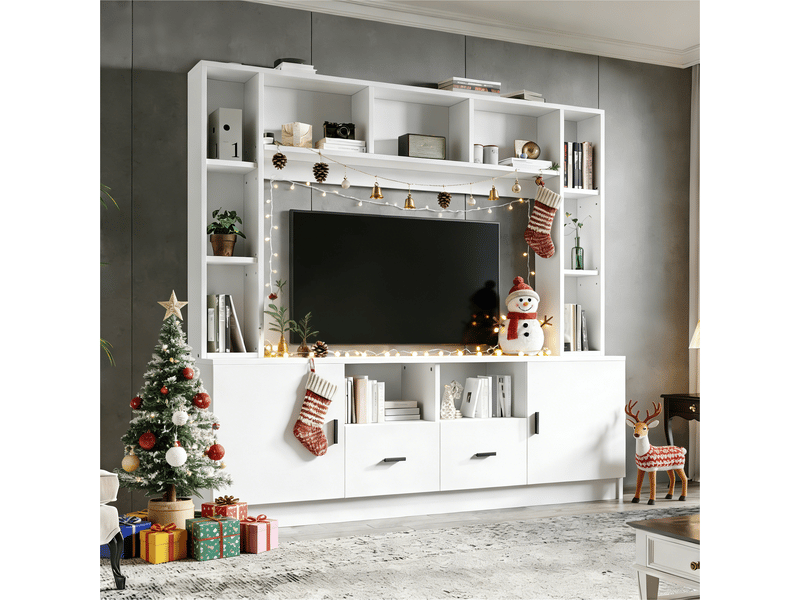  Ensemble meuble tv mural avec vitrine et étagères pour écran jusqu'à 60 pouces, 180cm, blanc  - Conforama C