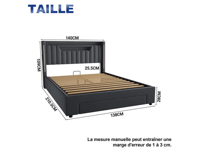  Lit coffre 140x200cm,led,avec fonction de charge et fonction de rangement,gris  - Conforama C