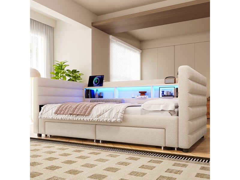  Lit de jour 90 × 190 cm avec led, usb et type-c, 2 tiroirs, rangements, sans matelas, beige, velours confortable  - Conforama D