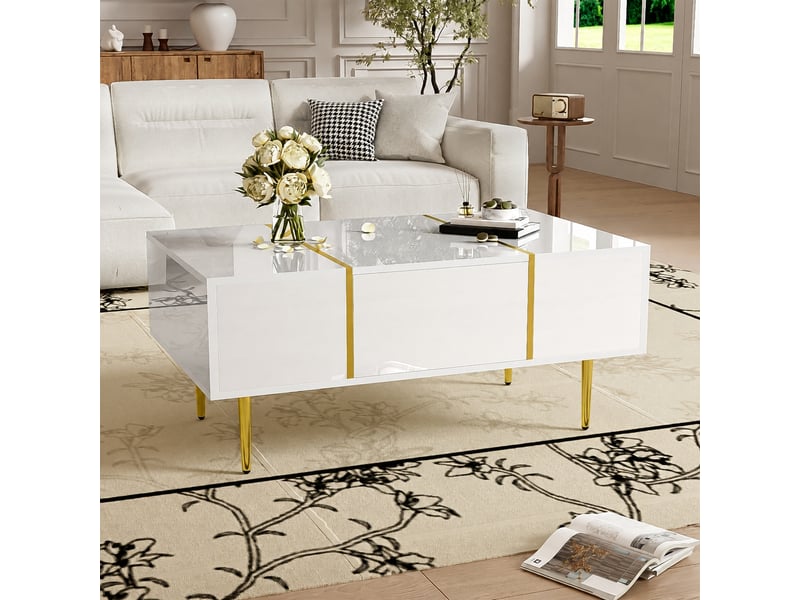  Table basse blanche brillante avec 2 tiroirs, style moderne, 100 x 60 cm  - Conforama E