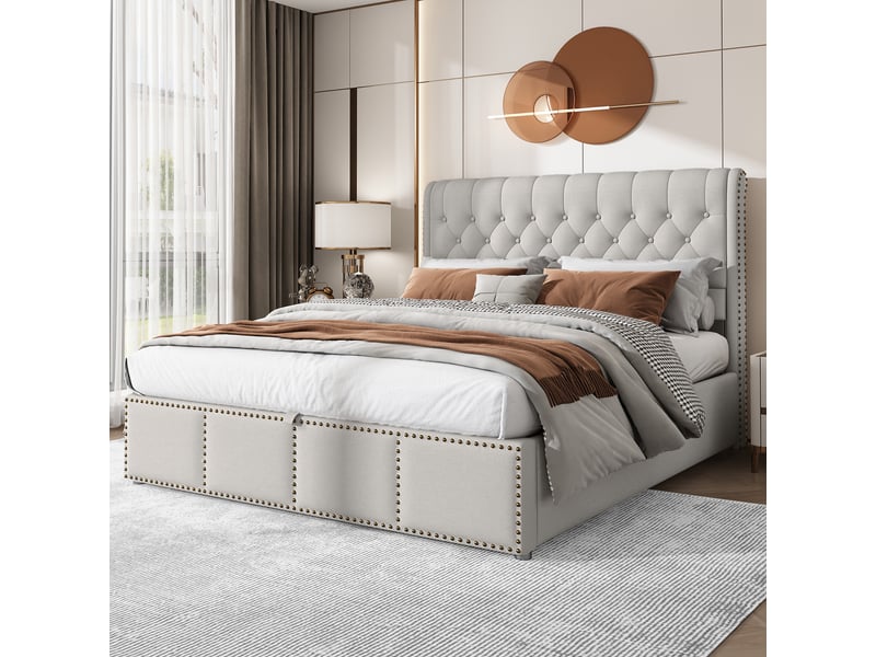  Lit double rembourré 140x200 cm avec sommier à lattes, cadre de lit adulte avec tête de lit en coton et lin,lit adulte, gris  - Conforama D