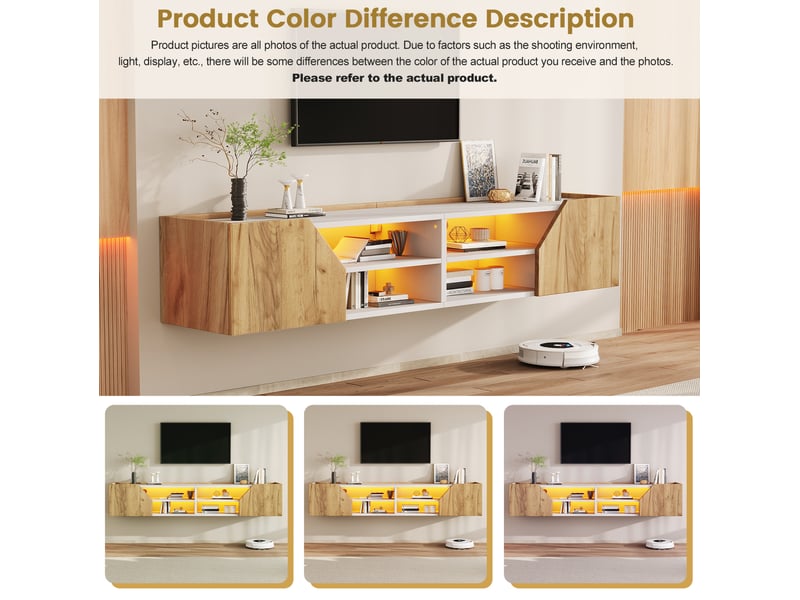Meuble tv mural 180 x 36,5 x 40 cm blanc et bois naturel avec led rgb bluetooth - Conforama C
