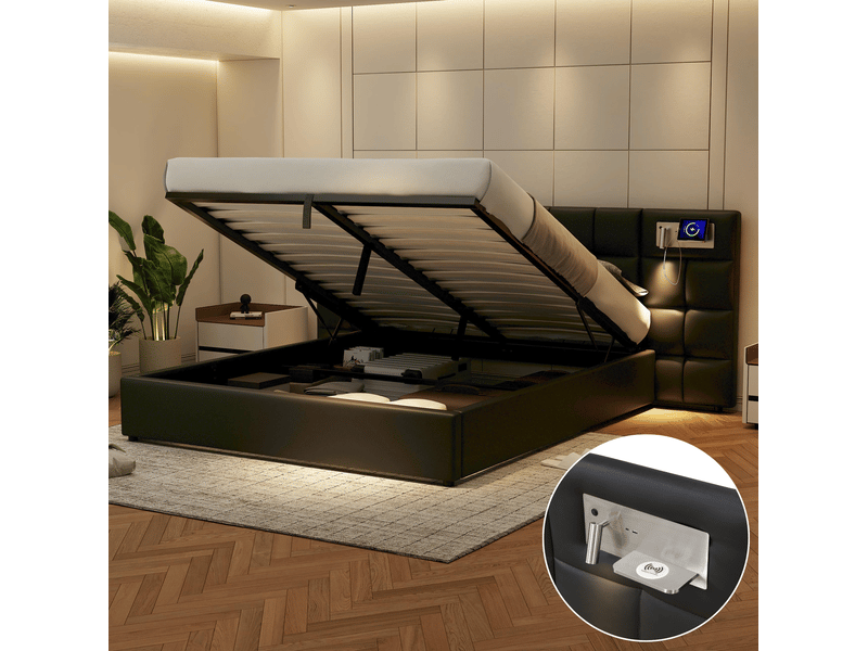  Lit coffre 2 places 180x200 cm avec usb, charge sans fil et éclairage noir  - Conforama E