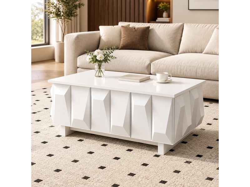  Table basse blanche en panneau de particules avec 3 portes 3d, rangement fermé et style moderne pour le salon  - Conforama B