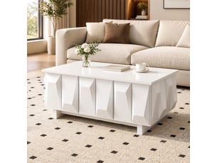 Table basse blanche en panneau de particules avec 3 portes 3d, rangement fermé et style moderne pour le salon