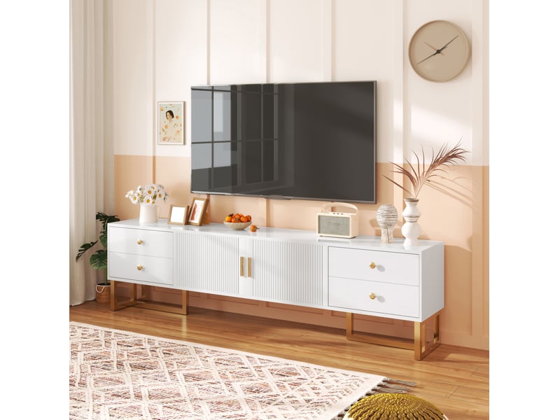  Meuble tv bas blanc 175 cm avec 4 tiroirs, 2 portes texturées et pieds dorés  - Conforama D