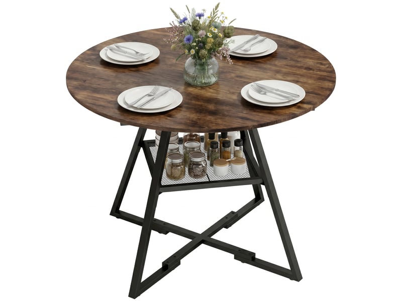  Table de salle à manger ronde pour 4 personnes avec étagère, structure en métal, pour salon, ø100 x 76 cm, marron rustique  - Conforama A