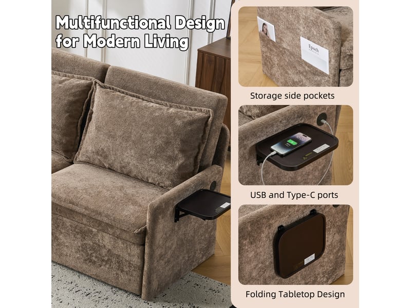 Canapé 3-en-1 avec fonction de sommeil - canapé lit avec coussins et chargeur usb, repose-dos à 5 positions réglables, canapé convertible avec rangement, chenille, marron - Conforama D