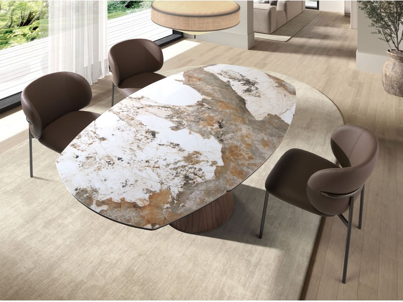 Table de salle à manger extensible ovale en forme de tonneau en marbre porcelanique et bois de noyer  - Conforama R