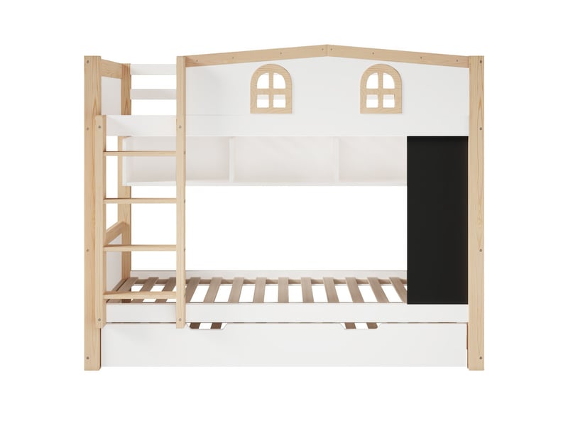 Lit superposé 90x200 cm - avec lit gigogne, espace de rangement et tableau noir amovible - mdf - blanc (sans matelas) - Conforama R