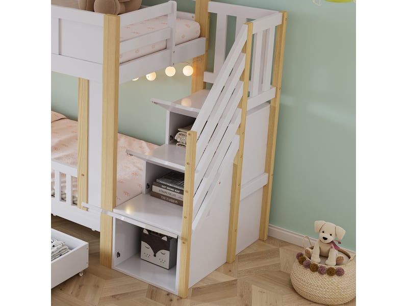  Lit superposé enfant 90x200 cm avec rangement, 3 tiroirs et tableau, bois et mdf blanc et naturel  - Conforama E