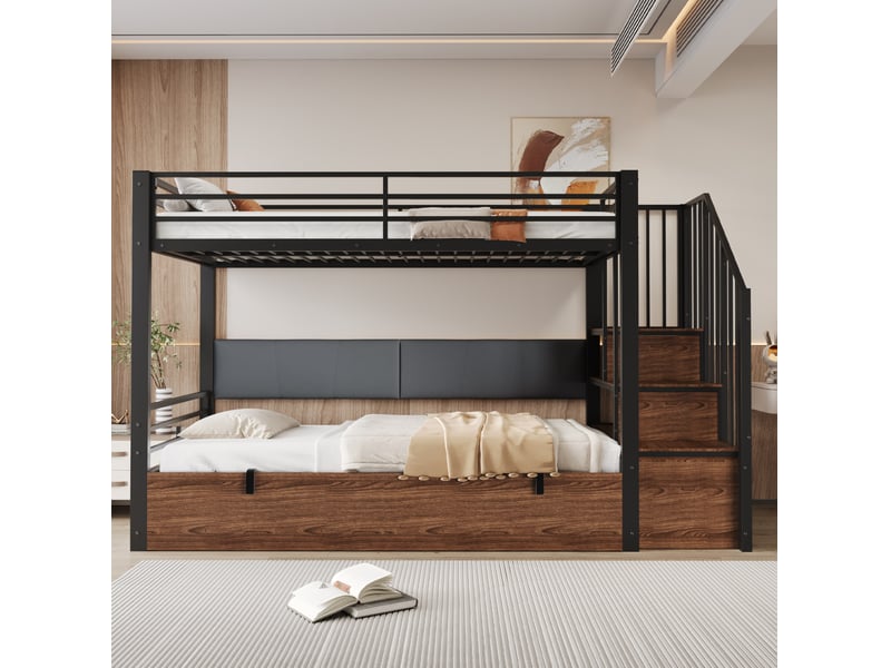 Lit superposé 90x200 cm avec rangement hydraulique et escalier, noir - Conforama D