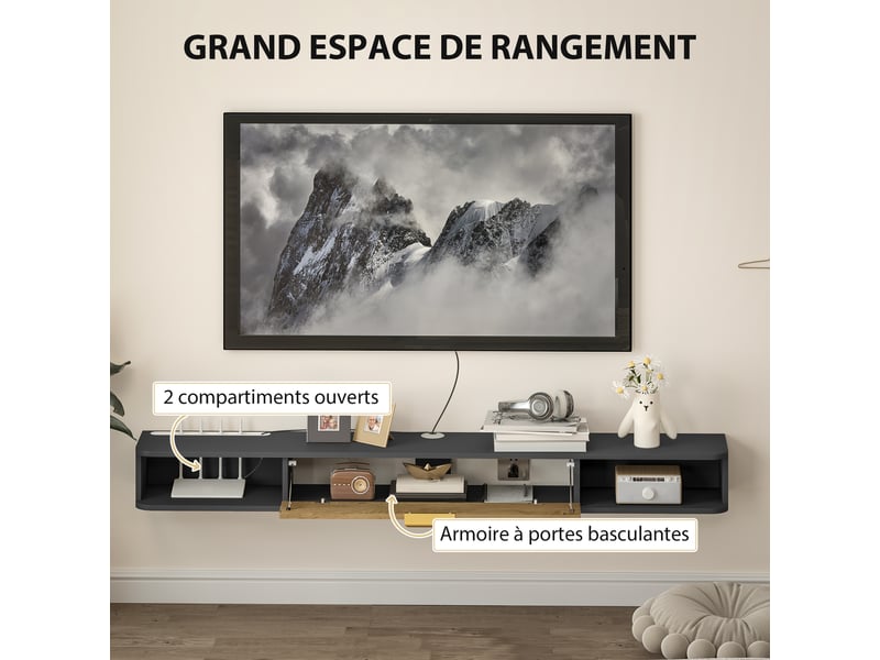  Meuble tv suspendu avec compartiments ouverts, porte rabattable et passe-câbles, gris, 160 x 24 x 16 cm  - Conforama E