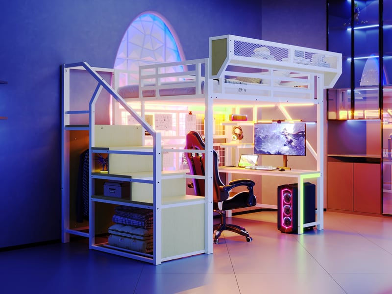 Lit mezzanine simple 140x200cm, lit enfant, led, bureau, étagère, filet de rangement, échelle, métal blanc sans matelas  - Conforama B