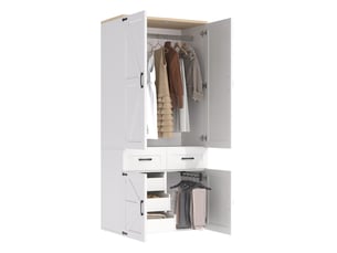 Armoire à portes battantes 90x50x200 cm avec 4 portes, 2 barres et 5 tiroirs, blanche