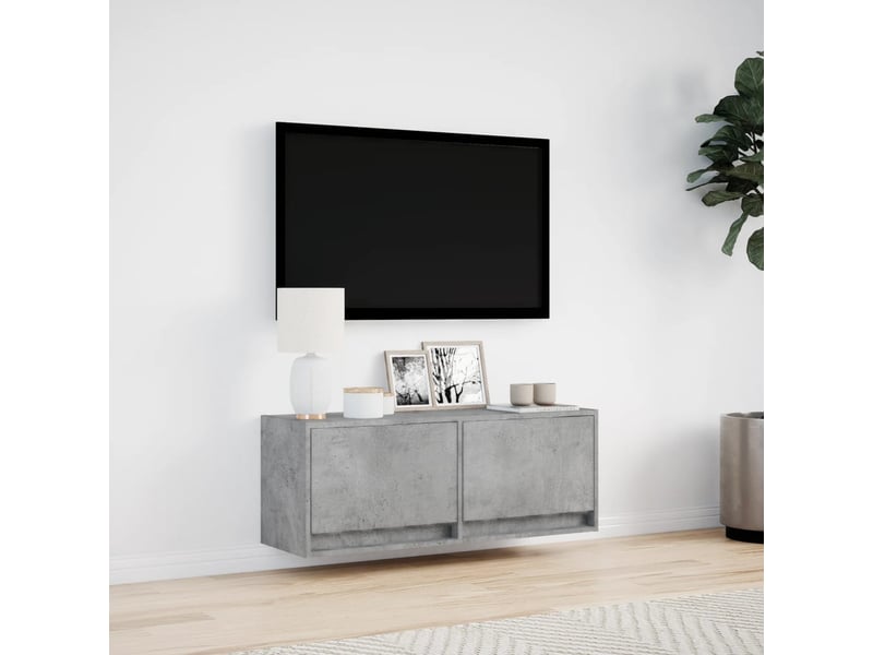  Meuble tv - banc tv - meuble de rangement mural avec lumières led gris béton 100x31x35 cm  - Conforama D