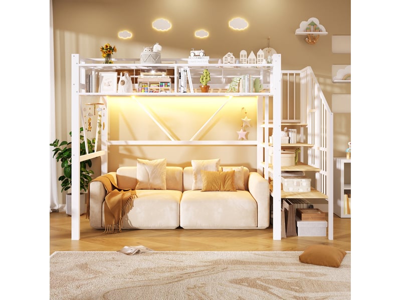  Lit mezzanine 90x200 cm avec rangements et led coloris blanc  - Conforama B