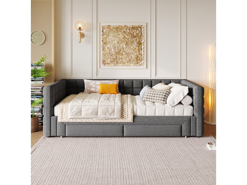  Lit banquette velours gris 90x200 cm, canapé lit extensible 180 avec dossier carré et 2 tiroirs  - Conforama B