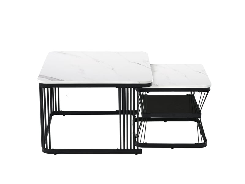 Table basse 2 pièces 65x65x45+45x45x39,5 cm mdf effet marbre(matériau non marbré), pieds acier noir mat, blanc - Conforama E