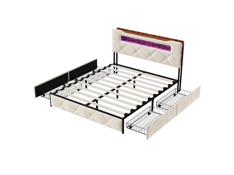  Lit 140x190, pocketpop, tête capitonnée led, 4 tiroirs, 2 usb + type-c, sommier à lattes, velours beige  - Conforama W