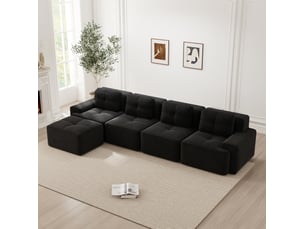 Canapé modulaire 4 places en velours côtelé noir avec méridienne en l
