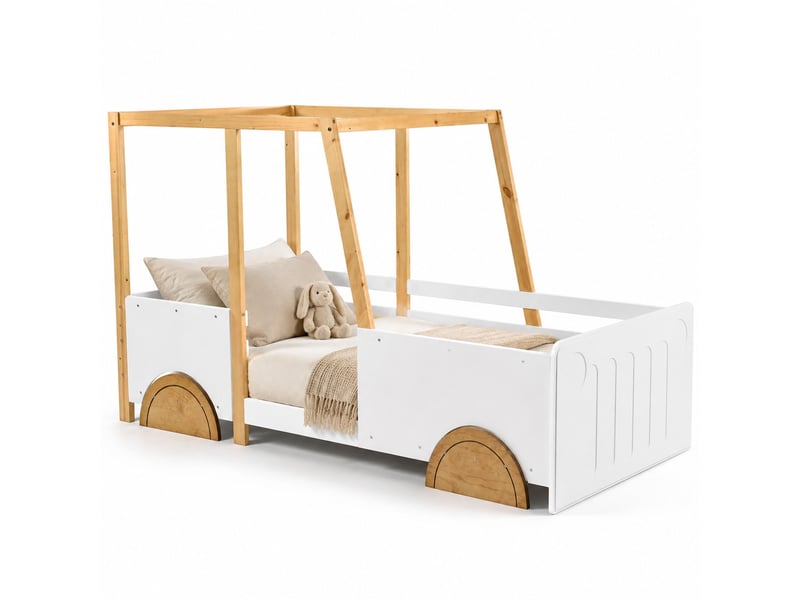  Lit voiture pour enfant 90 x 200 cm en bois et mdf avec barrières, blanc et naturel  - Conforama A