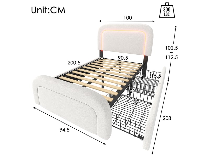  Modenvie lit simple 90x200 cm - led intégrée, ports usb-c et 2 tiroirs, avec matelas - blanc  - Conforama C