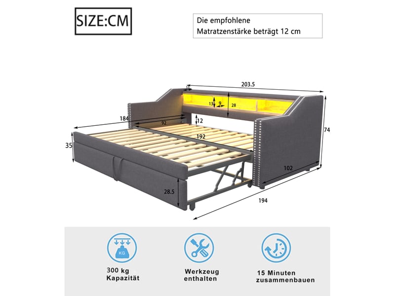  Lit rembourré, canapé-lit extensible 90180 x 190 cm, compartiment de rangement multifonctionnel, lumière led et prise usb, avec cadre à lattes, gris foncé (avec deux matelas à ressorts)  - Conforama C