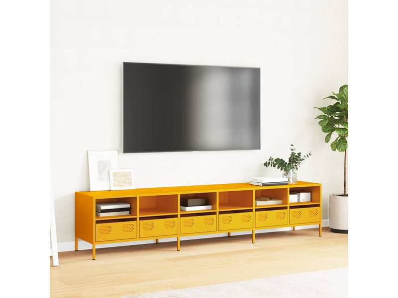  Meuble tv - banc tv - meuble de rangement jaune moutarde 202x39x43,5 cm acier laminé à froid  - Conforama C