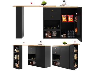Table de bar pivotante îlot de cuisine noir en mdf avec 2 tiroirs et étagères à 3 niveaux, meuble modulable pour salle à manger