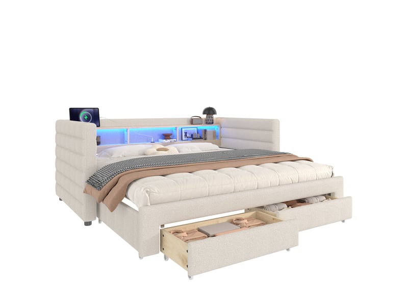  Lit de jour velours avec lit gigogne 90x190, canapé lit beige avec led, ports usb et tiroirs  - Conforama A