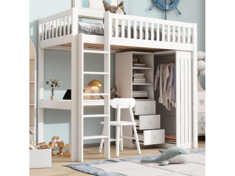  Lit mezzanine enfant 90x200 cm avec bureau, armoire et 3 tiroirs blanc  - Conforama D
