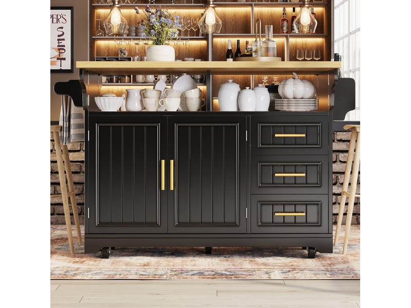  Desserte 2 portes 3 tiroirs - îlot de cuisine mobile avec plateau rabattable 143x40x95 cm en mdf noir  - Conforama B