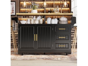 Desserte 2 portes 3 tiroirs - îlot de cuisine mobile avec plateau rabattable 143x40x95 cm en mdf noir